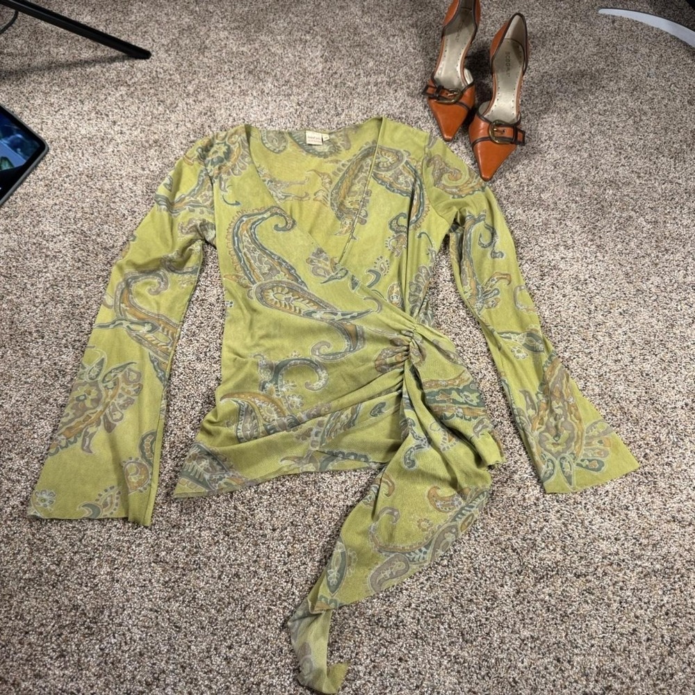 Sweet Pea by Stacy Frati Green Paisley Mesh Faux Wrap Top Long Sleeve Medium